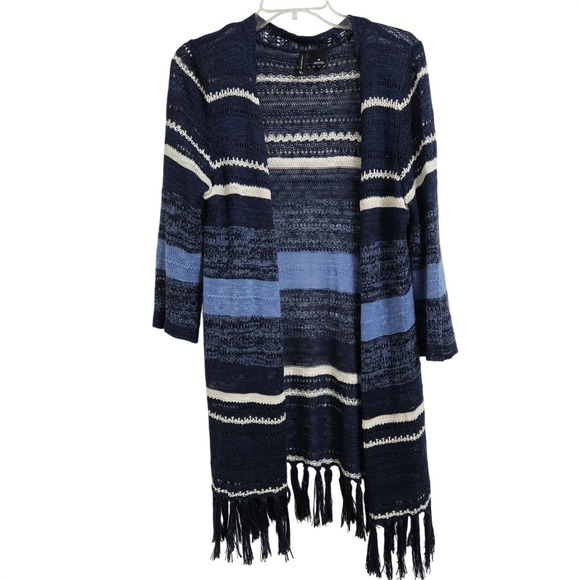 new directions Sweaters - New Directions Open Cardigan Womens Med Blue‎ Striped Tassel Fringe Boho Duster